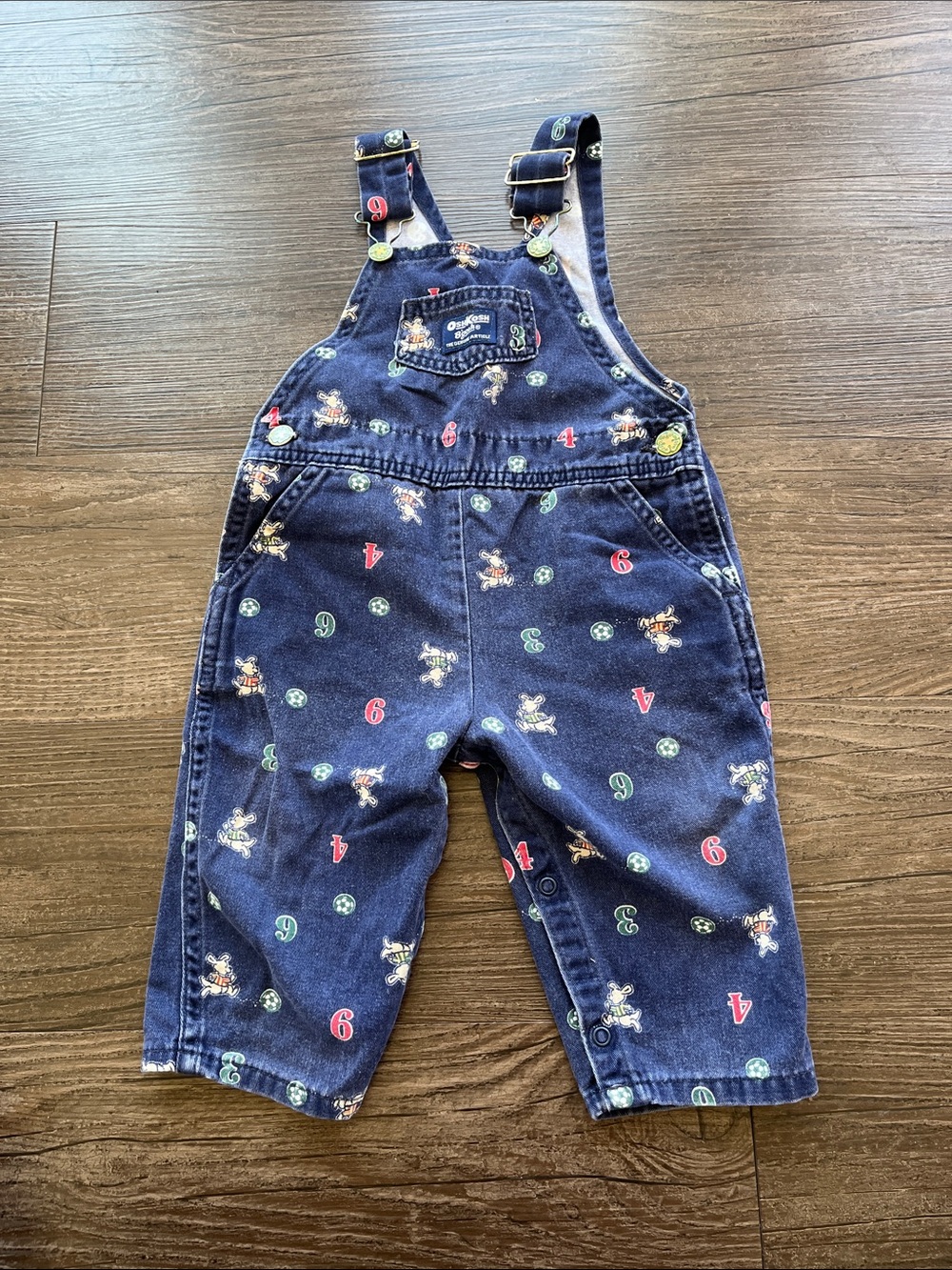 OshKosh B'gosh Navy Denim Overalls with Red & Green Accents